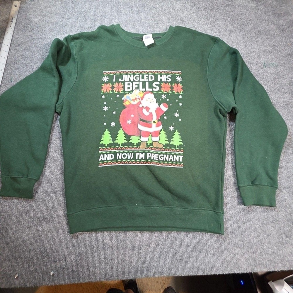 Delta Fleece Sweatshirt Mens Large Green Fleece Christmas Pregnant Santa Graphic